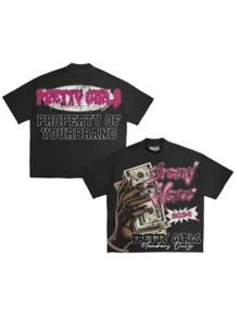 Black T-Shirt With "PRETTY GIRLS" & Money Graphic,  Feminine Street Style,Double-Sided Personalized Printed Pure Cotton Durable   Choice Versatile Short-Sleeved - 黑色 - 查看 1