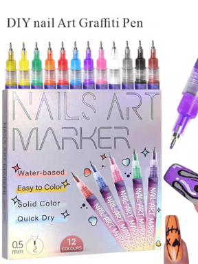 12 Colors Nail Art Markers, Fine Tip Nail Polish Pens For DIY Nail Decoration, Nail Salon & Home Manicure Essential