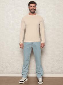 Men's Basic Ribbed Knit Sweater, Winter Lightweight Cold Weather, Round Neck, Long Sleeve, Slim Fit, Premium - Màu be - Xem 5