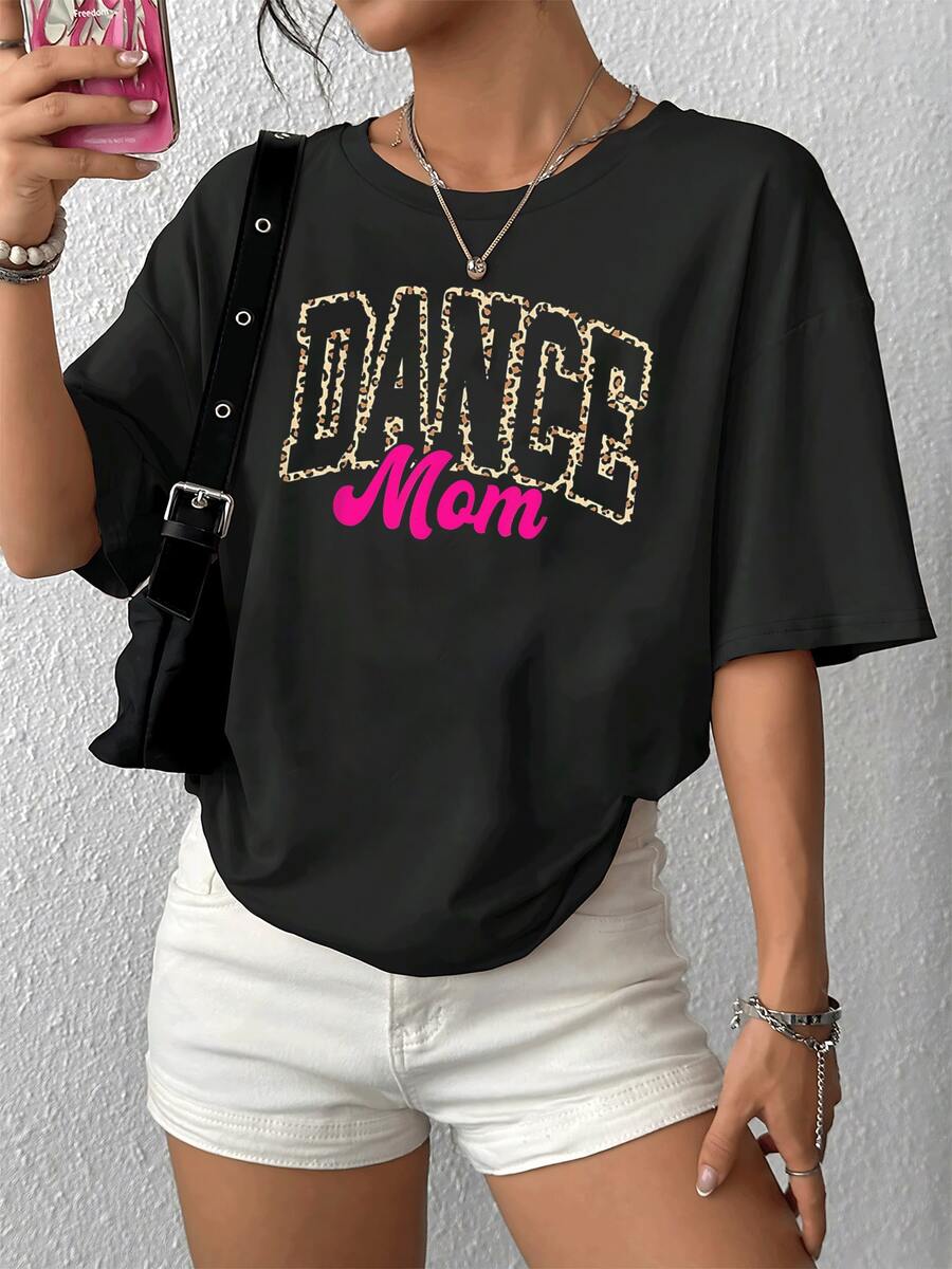 Camiseta gráfica de Dance Mom para mujer, elegante diseño con estampado de leopardo, camiseta informal de manga corta, cómoda tela de mezcla de algodón, perfecta para Dance Moms y uso diario. - Negro - Ver 1