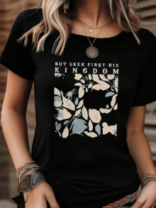Camiseta informal estampada para mujer ,Camiseta informal de algodón de verano para mujer, manga corta, cuello redondo, 220 g/m2 (1 pieza) - Negro - Ver 1
