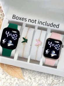 4pcs/Set 2pcs Cartoon Heart Square Digital Watch And 2pcs Butterfly Bracelet Valentine's Day Gift Christmas Gift Graduation Gift Couple Gift Couple Watch Bracelet The Best Choice For Halloween, Christmas, Valentine's Day, Mother's Day, Holiday Gift