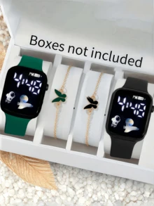 4pcs/Set 2pcs Cartoon Heart Square Digital Watch And 2pcs Butterfly Bracelet Valentine's Day Gift Christmas Gift Graduation Gift Couple Gift Couple Watch Bracelet The Best Choice For Halloween, Christmas, Valentine's Day, Mother's Day, Holiday Gift
