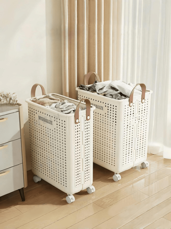 1pc Foldable White-Style Laundry Basket With Wheels,Large Capacity Dirty Clothes Hamper With Handles,Versatile Portable Snack Storage Basket,Movable Storage Organizer With Wheels,Ventilated Design,Collapsible Laundry Bin For Adults & Family,Space-Saving Laundry Organizer For Small Spaces & Apartments