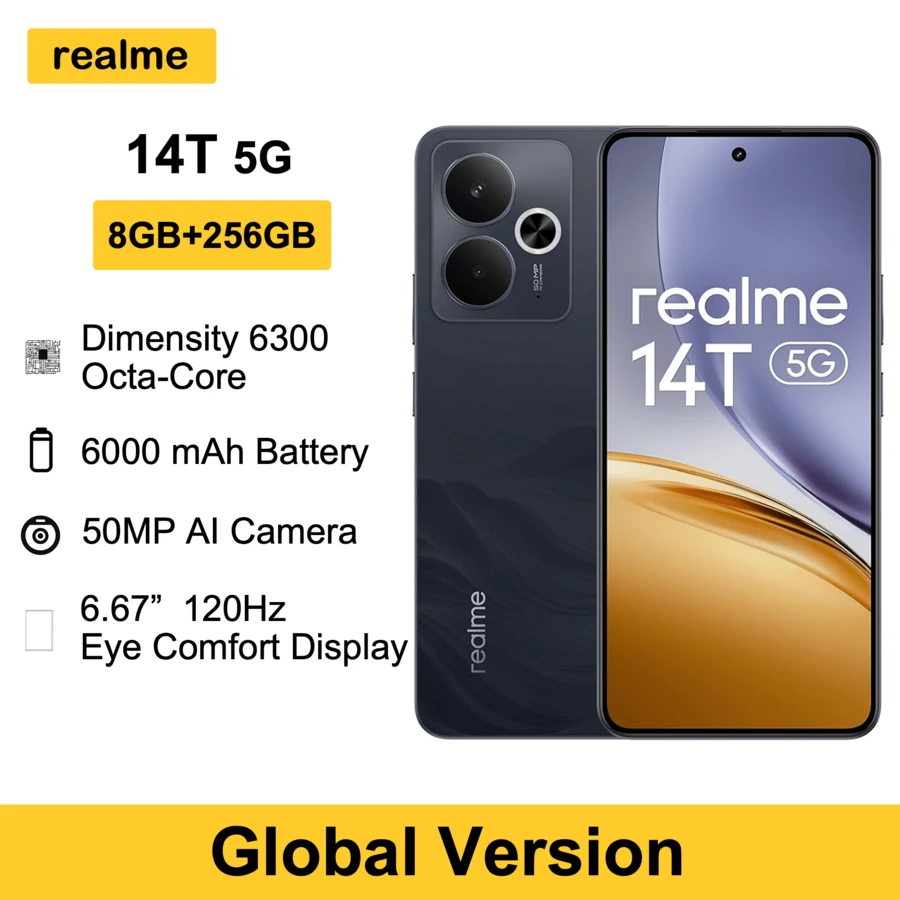 Realme 14T 5G 智慧型手機 8GB+256GB，6.67 吋 OLED 120Hz 螢幕，5000 萬像素後置相機，6000mAh 大電池，聯發科天璣 6300，8 核心手機，全球版，不含充電器