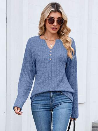 Women's V-Neck Long Sleeve Loose Solid Color T-Shirt, Casual Commuting Office Wear, Spring/Autumn 2025