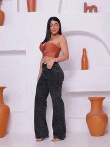 estilo essencial Wide Leg Plain Jeans With High Waist / Wide Leg Jeans - Grey - View 1