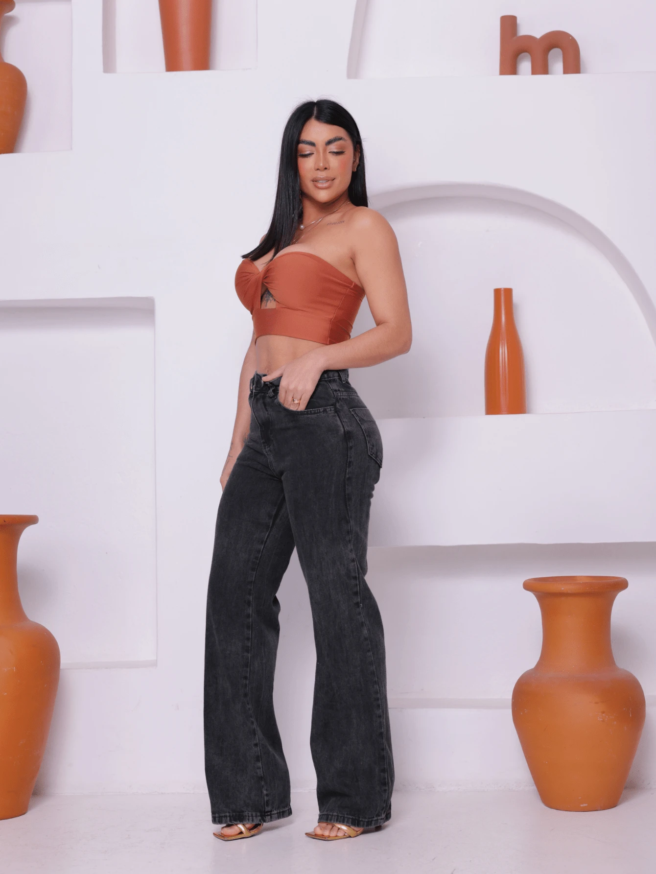 estilo essencial Wide Leg Plain Jeans With High Waist / Wide Leg Jeans - Grey - View 1