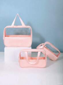 1PC Transparent PVC Toiletry Bag For Makeup Tools Waterproof Portable Zipper Make Up Organizer Minimalist For Women For Bathroom Wash Bag Gift For Mom Beach Bag Beach Essentials Beach Towel Organizer Beach Accessories Beach Stuff Holiday Bag Holiday Essentials For Summer For Vacation,Gifts For Women,Christmas Gifts,Gift Ideas For Women - Pink - View 2
