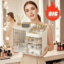 Extra Large Capacity Cosmetic Organizer, Care Organizer Drawer Beauty Rack, - Multi-Level Cosmetic Organizer With Mirror And Drawer, Home Desktop And Drawer Cosmetic Display Organizer For Dresser, Bathroom And Counter, Ideal Gift For Women And Girls - 柔和的白色 - 查看 2