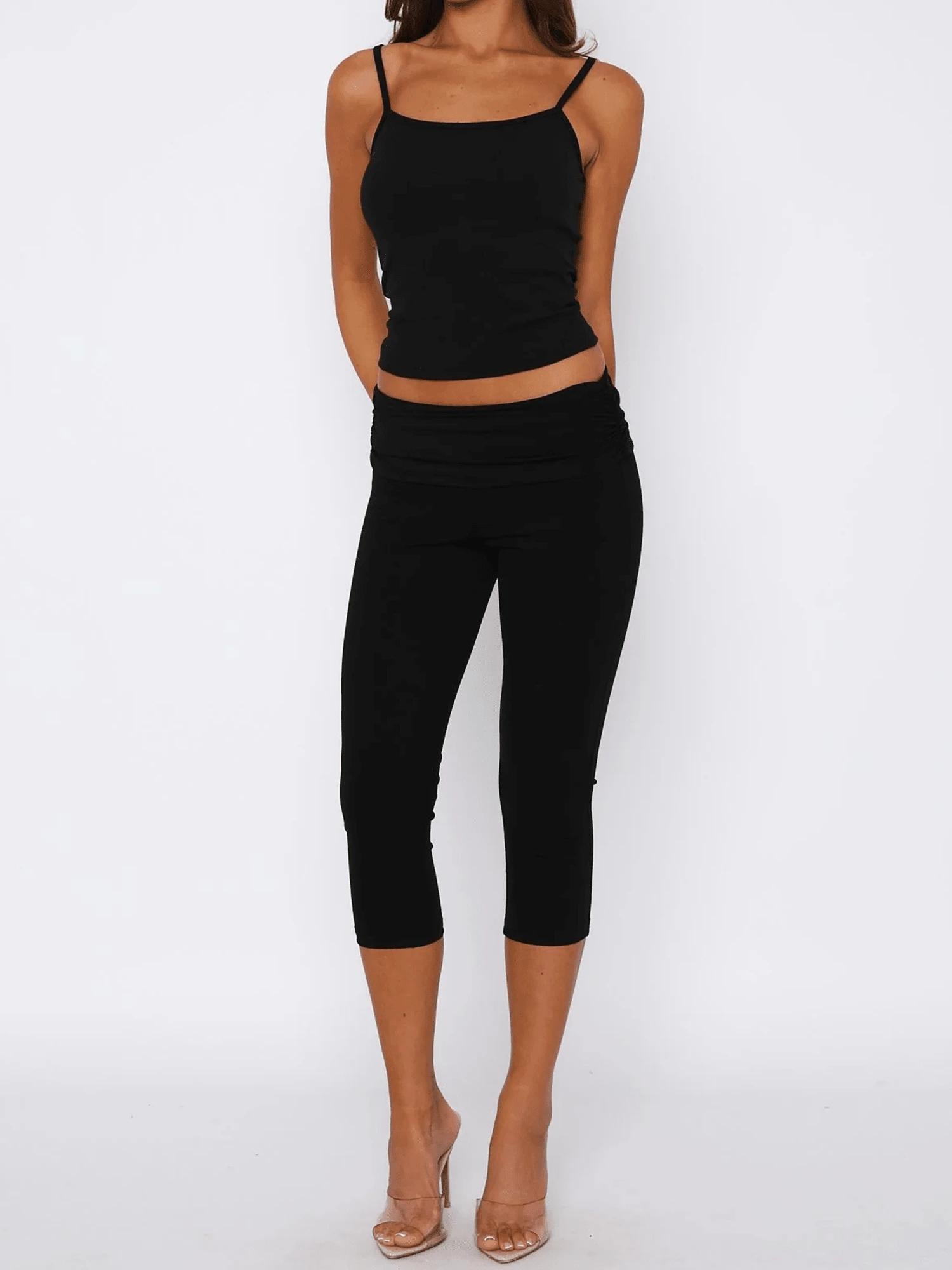 Fold Over Capri Leggings For Women Knee Length Gym Yoga Crop Pants Stretch Low Rise Athletic Bottoms - màu đen - Xem 1