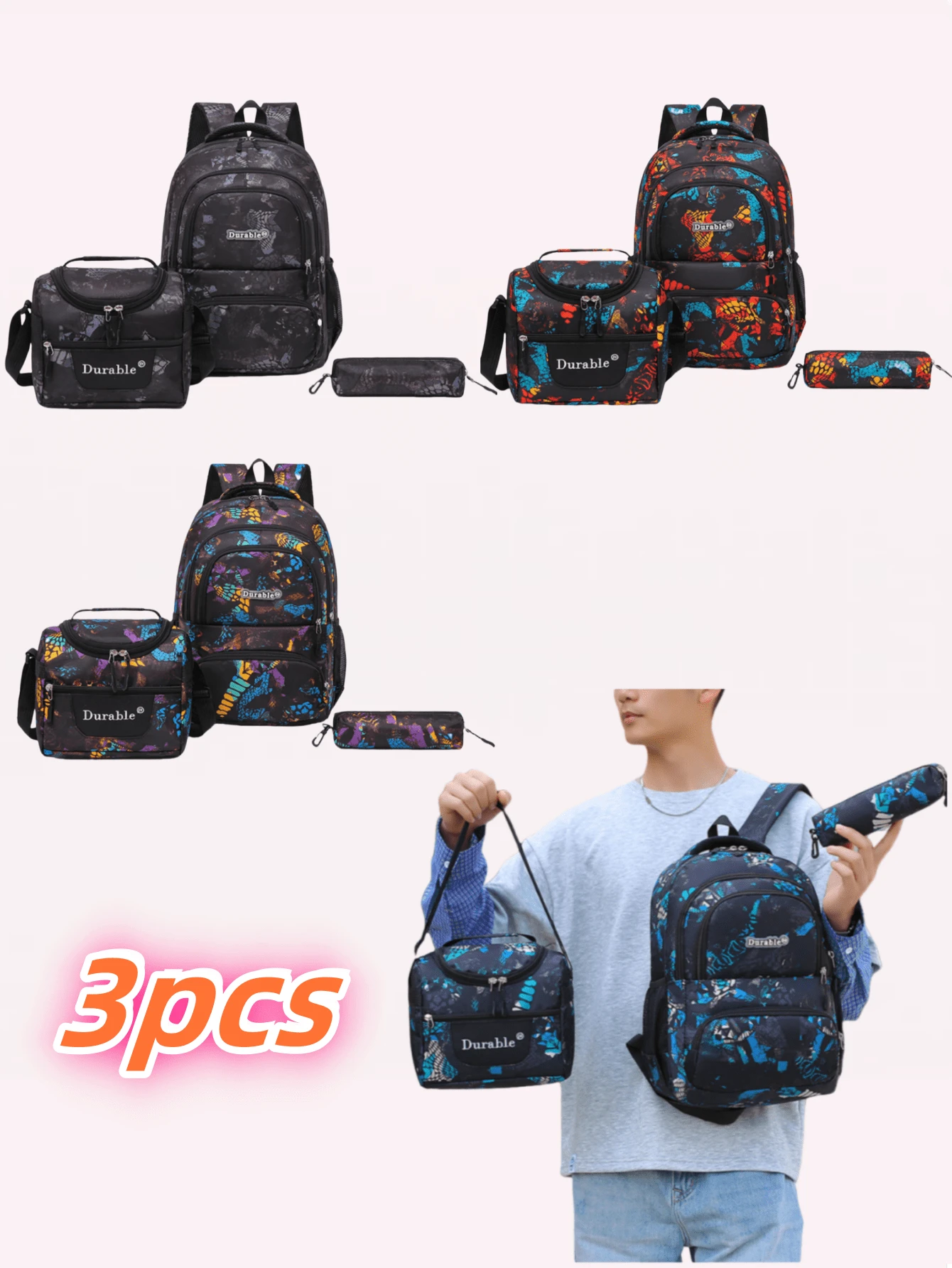 返校季时尚简约可爱大容量旅行背包三件套 - A - 查看 1