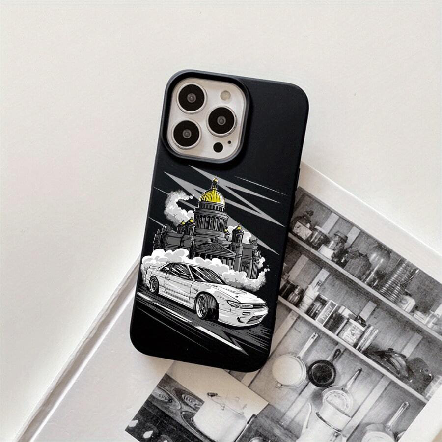 Funda protectora para phone con diseño de castillo y coche, con orificios grandes. Compatible con phone 16 Pro Max, 16, 15 Pro, 14, 14 Plus/14 Pro Max, 13, 13 Pro, 12 Pro, 11/11 Pro. Regalos para cumpleaños y festividades - Negro - Ver 1