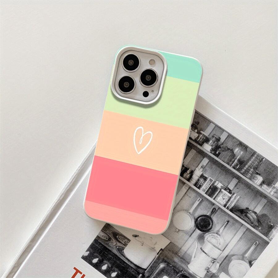 Phone 1PC Fundas protectoras y fundas protectoras de imitación con orificios grandes con estampado de corazones de cinco colores, adecuadas para phone16promax, 16 15pro, 14 14 Plus/14 Promax, 13 13 Pro, 12Pro, 11/11 Pro Pro Series. Regalos Cumpleaños Y Fiestas - Blanco - Ver 1