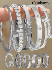 Camhanno 10/1 pièce Ensemble de bracelet et bague en acier inoxydable exquis et magnifique, durable et résistant à la décoloration, accessoire polyvalent pour hommes et femmes, choix parfait pour les cadeaux d'anniversaire et de fête - Doré - Voir 6