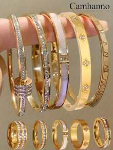 Camhanno 10/1 pièce Ensemble de bracelet et bague en acier inoxydable exquis et magnifique, durable et résistant à la décoloration, accessoire polyvalent pour hommes et femmes, choix parfait pour les cadeaux d'anniversaire et de fête - Doré - Voir 1