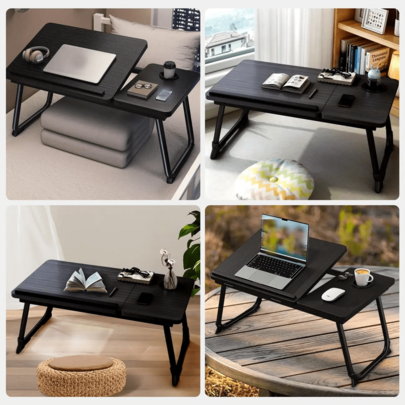 KUKKUME Ein fünfstelliges fahrgestell mit tablet-gläsern auf den laptops, eine schreibtischplatte, ein leckerbissen im studentenwohnheim, eine schreibmaschine, die den laptops s und die laptops entsprechend gestaltet, und ein tragbares studentenbüro.