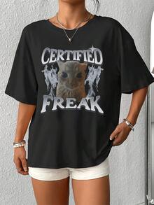 Camiseta gráfica de gatito  certificado Camiseta relajada única para mujer con ilustración novedosa Camiseta suave y cómoda para uso diario ¡Exprésate con este estampado llamativo! - Negro - Ver 4