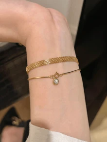 2pcs/Set Titanium Steel Non-Fading Braided Gold Color Strap Bracelet, Vintage Chic Luxury Accessories For Women - Multicolor - View 8