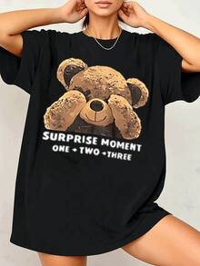 Camiseta con estampado de oso sorpresa lindo para mujer, camiseta de cuello redondo de mezcla de algodón suave, camiseta informal de manga corta para verano, diseño gráfico elegante, ajuste cómodo, uso diario esencial, opción de regalo ideal. - Negro - Ver 3