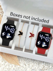 4pcs/Set 2pcs Cartoon Heart Square Digital Watch And 2pcs Butterfly Bracelet Valentine's Day Gift Christmas Gift Graduation Gift Couple Gift Couple Watch Bracelet The Best Choice For Halloween, Christmas, Valentine's Day, Mother's Day, Holiday Gift