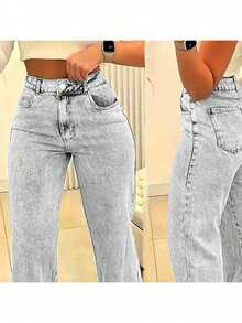 Teen Girls' Pocketed Straight Leg Loose Casual Versatile Jeans - 灰色 - 查看 3