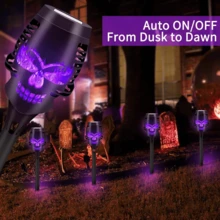 4 Pieces Solar Powered Skull Stake Lights Purple Flame Weatherproof Waterproof Spooky Halloween Pathway Lights Creepy Atmosphere Garden Yard Party Holiday Decor - Purple - View 6