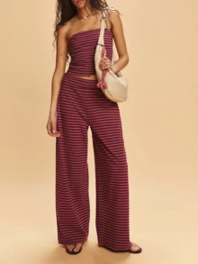 Women 2 Piece Outfits Casual Summer Striped Print Bandeau And Elastic Waist Wide Leg Pants Set Streetwear - Đỏ - Xem 1