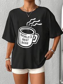 Elegante camiseta gráfica para mujer con diseño de taza de café del mejor jefe del mundo, camiseta informal de manga corta para uso diario, ajuste cómodo y elegante para damas. - Negro - Ver 4