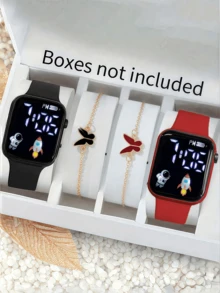 4pcs/Set 2pcs Cartoon Heart Square Digital Watch And 2pcs Butterfly Bracelet Valentine's Day Gift Christmas Gift Graduation Gift Couple Gift Couple Watch Bracelet The Best Choice For Halloween, Christmas, Valentine's Day, Mother's Day, Holiday Gift