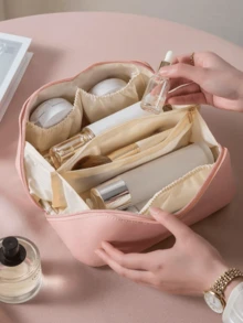 1 pieza Bolsa de cosméticos de PU impermeable, con organizador de maquillaje con cremallera, bolsa de maquillaje espaciosa de doble capa de gran capacidad, bolso de mano multifuncional para dama, neceser, almacenamiento de cosméticos, organización de baño, esenciales de viaje, necesidades de crucero, accesorios de viaje, almacenamiento de baño, almacenamiento de joyas, almacenamiento de lápiz labial, almacenamiento de esmalte de uñas, regalo de Pascua, regalo de dama de honor, regalo del Día de la Madre