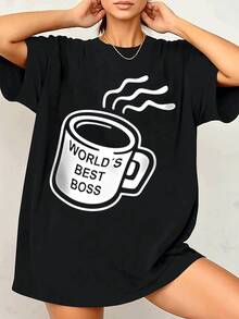 Elegante camiseta gráfica para mujer con diseño de taza de café del mejor jefe del mundo, camiseta informal de manga corta para uso diario, ajuste cómodo y elegante para damas. - Negro - Ver 3