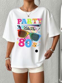 Camiseta de manga corta para mujer con estampado gráfico de fiesta como los años 80, camiseta clásica de cuello redondo para un estilo informal, diseño retro vintage, camiseta cómoda para usar todos los días. - Blanco - Ver 4