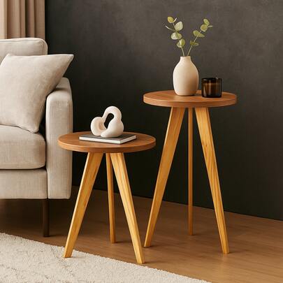 Jogo com 2 Mesas Laterais Redondas – Design Retrô com Pé Palito