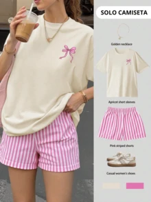 Blusa de manga corta con cuello redondo y estampado de lazo moño y letras, de corte holgado, para verano, camiseta gráfica para vacaciones y salir - Beis - Ver 1