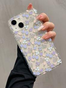 1pc Airbag Purple & Blue Floral Pattern Full Coverage TPU Shockproof Phone Case, Compatible With Apple 16, 15, 14, 13, 12, 11 Pro Max, And Series - Multicolor - View 2