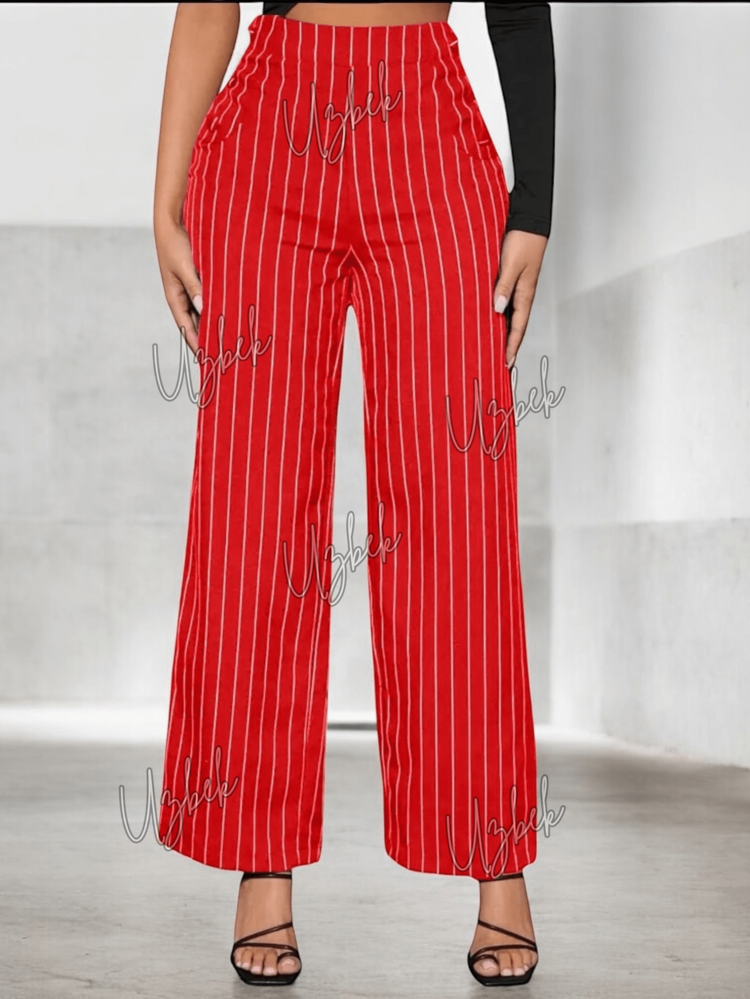 Pantalón de Pinzas Acampanado.  Pierna Amplia.  Talle Ajustado con Pinzas. - Rojo Raya - Añade 1