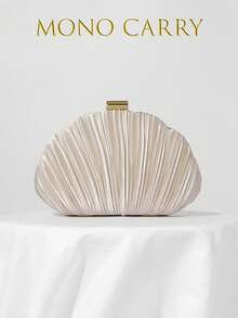 Women's Elegant Pleated Shell - Shaped Clutch Bag, Glamorous Evening Handbag With Gold Chain Strap, Exquisite Purse For Party, Wedding, Prom, Dinner, Bridal Shower, Matching Bridal Party Accessories - 杏色 - 查看 8
