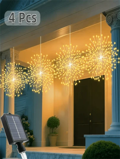 2pcs/4pcs Solar Suspended Fireworks Lights, Garden And Courtyard Decoration Light String, 8 Modes, Outdoor Waterproof String Lights, Suitable For Garden, Courtyard, Party, Independence Day, Fireplace Decoration (500mAh)