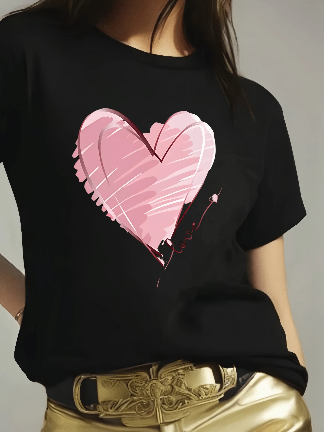 Camiseta informal con estampado de corazón ,Camiseta informal de algodón de verano para mujer, manga corta, cuello redondo, 220 g/m2 (1 pieza) - Negro - Ver 1