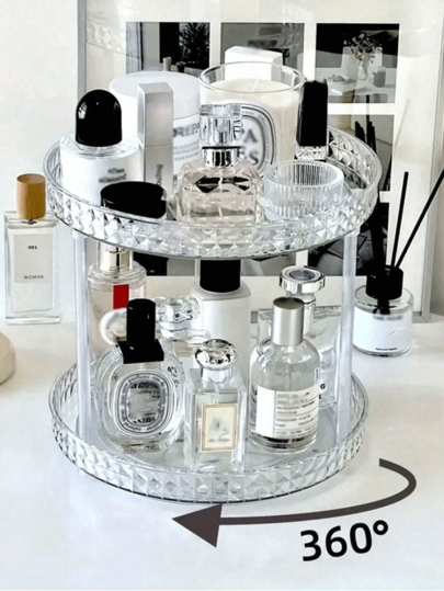Organizador de maquiagem giratório 360 graus, 1 peça, para bancada de penteadeira, 2 níveis, armazenamento de maquiagem, organizador de perfumes, bandeja para joias, organizador de cosméticos e perfumes de alta capacidade para cômoda, banheiro, organizadores Slouchy Susan (branco transparente)
