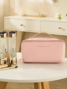 1 pieza Bolsa de cosméticos de PU impermeable, con organizador de maquillaje con cremallera, bolsa de maquillaje espaciosa de doble capa de gran capacidad, bolso de mano multifuncional para dama, neceser, almacenamiento de cosméticos, organización de baño, esenciales de viaje, necesidades de crucero, accesorios de viaje, almacenamiento de baño, almacenamiento de joyas, almacenamiento de lápiz labial, almacenamiento de esmalte de uñas, regalo de Pascua, regalo de dama de honor, regalo del Día de la Madre