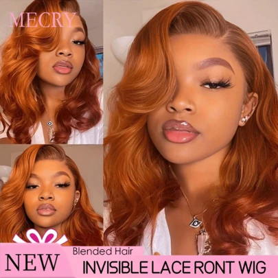 MECRY 36 英寸 200% 密度 13x4 高清透明蕾丝前假发 - 姜橙色波浪无胶假发，带预拔发际线 | 自然造型，适合女性和男性，所有种族，混合头发由人发与合成纤维和蛋白质细丝混合制成，无胶前假发，合成假发，前部巴西头发前假发