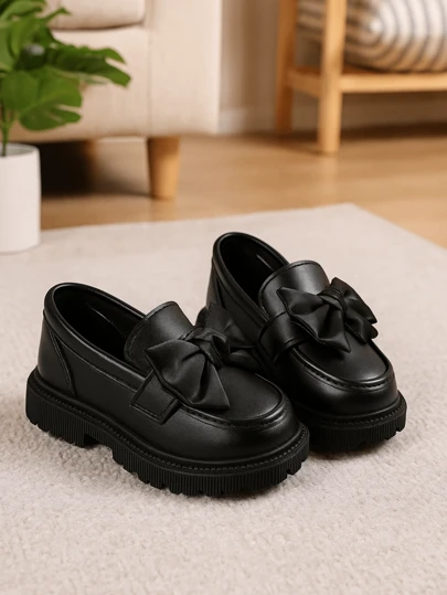1 Pair Matte Black Butterfly Slip-On Children Loafers, Rubber Soft Bottom Increased Height Comfortable Soft PU Lining, British Style Mid-Heel Elegant Girls Princess Leather Shoes, Suitable For 3-15 Years Old, Casual, School, Party, Outdoor Wear, Spring/Summer/Autumn/Winter 2025 New
