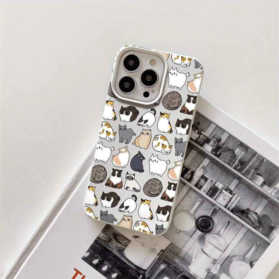 Funda para phone (1 unidad) con estampado de gatitos, con orificios grandes, compatible con phone 16 Pro Max, 16, 15 Pro, 14, 14 Plus/14 Pro Max, 13, 13 Pro, 12 Pro y 11/11 Pro. Ideal para cumpleaños y fiestas. - Blanco - Ver 1