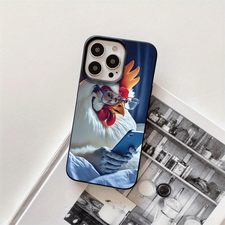 Funda protectora para phone con diseño de pollo con gafas (1 unidad), compatible con phone 16 Pro, 16, 15 Pro, 14, 14 Plus/14 Pro, 13, 13 Pro, 12 Pro, 11/11 Pro. Ideal para cumpleaños y celebraciones. - Negro - Ver 1