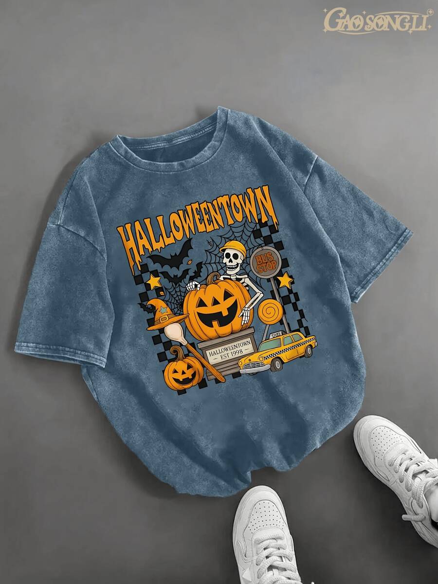 Ladies' Retro Halloween Pattern T-Shirt - Halloween Town Pumpkin Design, Casual Short-Sleeved Round-Neck T-Shirt, Washed Water Blue, Suitable For Casual Wear - 藍色 - 查看 1