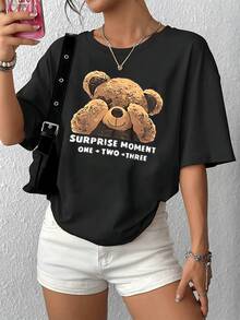 Camiseta con estampado de oso sorpresa lindo para mujer, camiseta de cuello redondo de mezcla de algodón suave, camiseta informal de manga corta para verano, diseño gráfico elegante, ajuste cómodo, uso diario esencial, opción de regalo ideal. - Negro - Ver 1