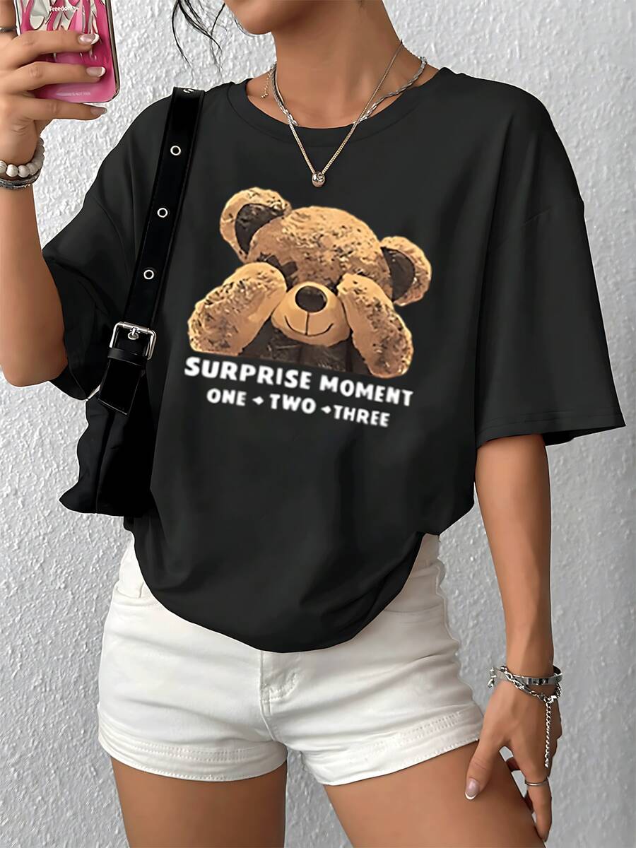 Camiseta con estampado de oso sorpresa lindo para mujer, camiseta de cuello redondo de mezcla de algodón suave, camiseta informal de manga corta para verano, diseño gráfico elegante, ajuste cómodo, uso diario esencial, opción de regalo ideal. - Negro - Ver 1