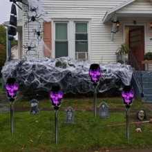 4 Pieces Solar Powered Skull Stake Lights Purple Flame Weatherproof Waterproof Spooky Halloween Pathway Lights Creepy Atmosphere Garden Yard Party Holiday Decor - Purple - View 10